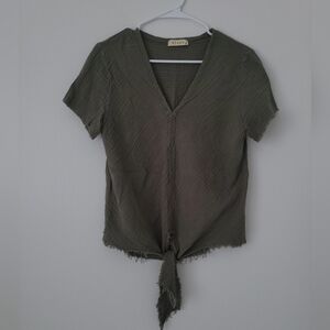 Stark X Anthropologie Elegant Olive V-Neck Tie-Front Top 100% Cotton Size S